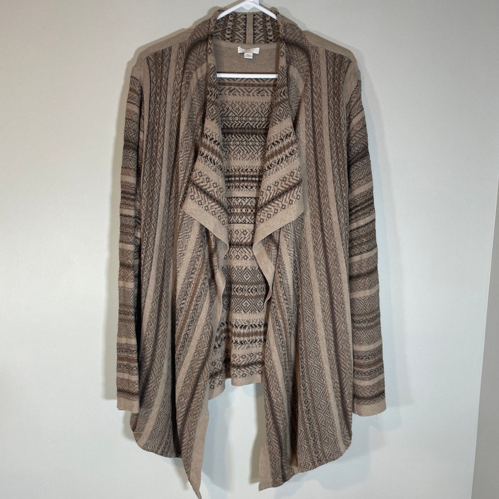 J. Jill XL Brown Tan Fair Isle Draped Open Front Cardigan Sweater Southwestern